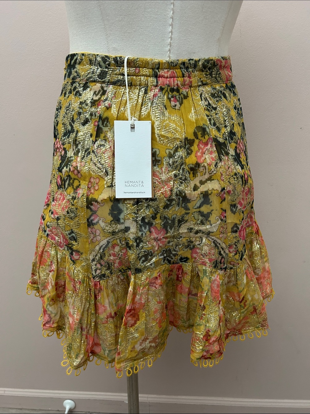 HEMANT & NANDITA Yellow Floral Metallic Ruffle Mini Skirt